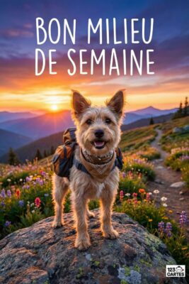 Chien randonneur souriant sur rocher, sac à dos, devant paysage montagneux au coucher de soleil. Fleurs sauvages, sentier, ciel orangé. Texte «Bon milieu de semaine».