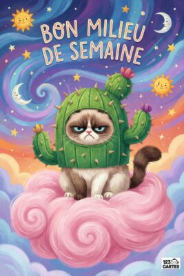 Chat grincheux avec un chapeau cactus sur un nuage rose, ciel étoilé avec soleil et lune, texte «Bon milieu de semaine». Couleurs vives et douces.