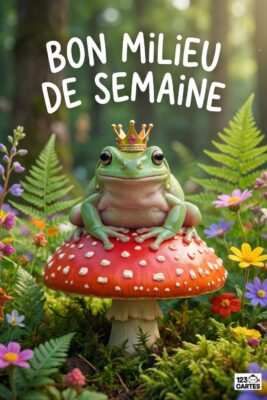 «Bon milieu de semaine» avec une grenouille couronnée sur un champignon rouge à pois blancs, entourée de fleurs colorées et de verdure luxuriante.