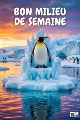 Un manchot royal trône sur un siège de glace, devant un paysage polaire. Ciel orangé et reflets roses sur l’eau. Texte «Bon milieu de semaine».