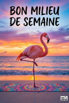 Flamant rose sur une plage, équilibre sur une patte, devant un coucher de soleil aux couleurs vives. Tapis de yoga coloré. Texte «Bon milieu de semaine».