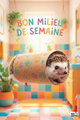 Hérisson sortant d’un rouleau décoré, dans une salle de bain colorée. Texte «Bon milieu de semaine» en haut. Sols et murs aux couleurs vives.