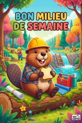 «Bon milieu de semaine» avec castor souriant mangeant sandwich, casque jaune. Arrière-plan : rivière, arbres colorés, outils, autres castors travaillant.