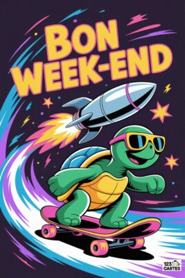 Bon week-end : tortue verte en lunettes de soleil sur skateboard rose, fusée argentée, texte jaune. Fond violet avec étoiles et traits colorés.