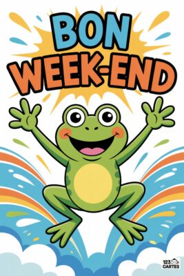 Carte «Bon Week-end» avec une grenouille verte souriante, bras levés. Texte bleu et orange sur fond jaune.  Splash d’eau bleu et arc-en-ciel.