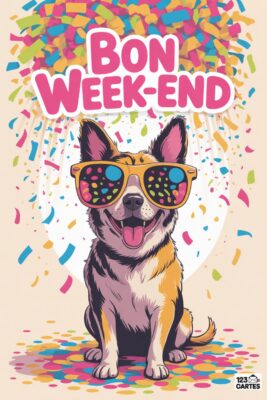 Chien souriant portant des lunettes de soleil, entouré de confettis colorés. Texte «Bon Week-end» rose. Fond clair avec des éclats de couleurs.