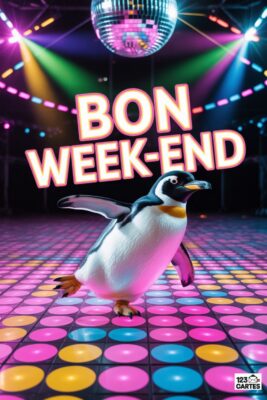 Pingouin dansant sur une piste de danse disco colorée avec un miroir boule. Texte «Bon Week-end» lumineux. Lumières vives.