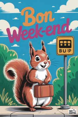 Écureuil souriant avec valise devant un arrêt de bus, texte «Bon Week-end». Fond bleu ciel, buissons verts, couleurs vives, style cartoon.