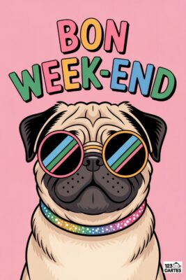 Chien carlin avec lunettes de soleil colorées et collier arc-en-ciel, sur fond rose. Texte «Bon Week-end» en lettres multicolores. Carte de vœux.