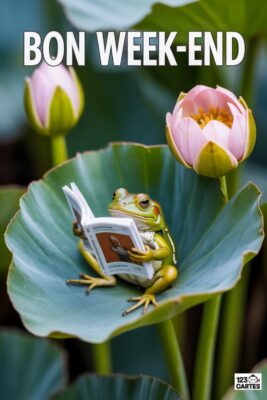 Grenouille verte lisant sur une feuille de lotus, fleurs roses et bourgeons en arrière-plan. Texte «Bon Week-end» en blanc. Nature et détente.