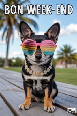 Chien noir et beige portant des lunettes de soleil colorées et un collier. Texte «Bon Week-end» en haut. Fond de ciel bleu et palmiers.