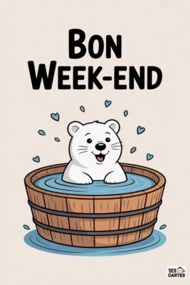 Ours polaire blanc souriant dans un bain en bois, entouré de coeurs bleus et de gouttes d’eau. Texte «Bon Week-end» en noir sur fond beige clair.