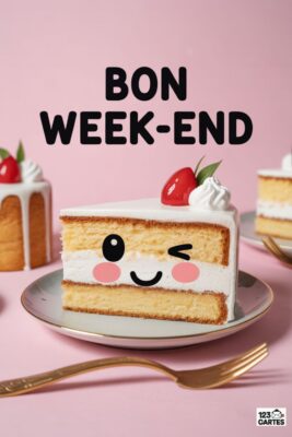 Gâteau souriant «Bon Week-end» sur fond rose. Tranche de gâteau décorée d’une fraise et crème, yeux et clin d’œil. Autres gâteaux en arrière-plan.