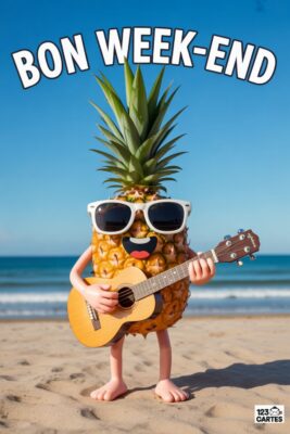 Ananas anthropomorphe avec lunettes de soleil et ukulélé sur plage. Texte «Bon Week-end» sur fond ciel bleu et mer. Sables dorés, personnage souriant.