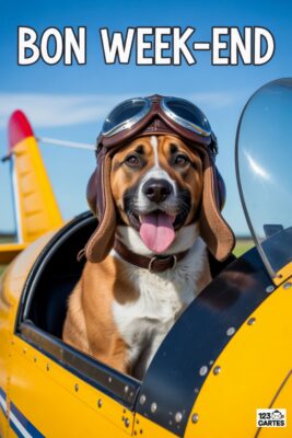 Chien pilote souriant dans un avion jaune. Il porte un casque d’aviateur marron et des lunettes. Le ciel bleu et le texte «Bon Week-end» complètent la scène.