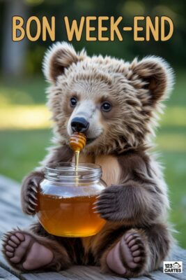 Ours brun assis, mangeant du miel d’un pot en verre. Texte «Bon Week-end» en haut. Fond vert flou. Miel doré coulant.
