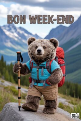 Ours brun randonneur avec sac à dos rouge et bâton de marche, portant une chemise bleue et un short beige. Texte «Bon Week-end» sur fond de montagnes.