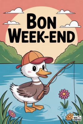 Carte «Bon Week-end» : Canard pêcheur souriant, casquette orange, tenant une canne à pêche. Arrière-plan : soleil, lac, montagnes, fleurs. Couleurs vives.