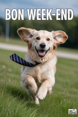 Chien golden retriever courant sur l’herbe, cravate rayée, oreilles au vent. Texte «Bon Week-end» blanc. Fond vert et bleu clair.