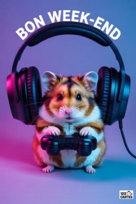 Hamster avec casque audio et manette de jeu, fond violet et rose. Texte «Bon Week-end». Souris gamer, couleurs vives et ludiques.