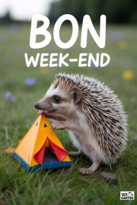 Un hérisson avec un petit tipi jaune et rouge sur un fond d’herbe verte. Le texte «Bon Week-end» est écrit en blanc.