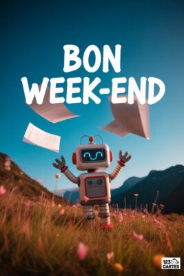 Robot joyeux avec bras levés, entouré de papiers volants, sur fond de montagne et ciel bleu. Texte «Bon Week-end». Fleurs roses au premier plan.