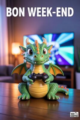 Figurine de dragon vert tenant une manette de jeu. Texte «Bon Week-end» en haut. Arrière-plan flou : salon avec TV, lampe et meuble.