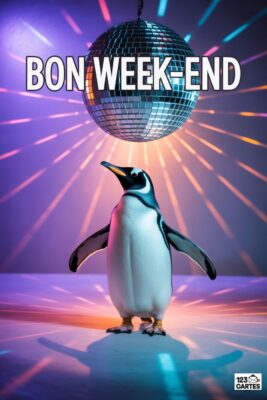 Pingouin devant boule à facettes, rayons lumineux multicolores. Texte «Bon Week-end». Fond violet et orange.
