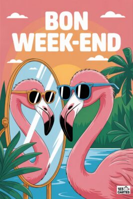 Carte postale «Bon Week-end» avec flamant rose portant des lunettes de soleil face à un miroir. Fond rose orangé, palmiers et eau bleue.