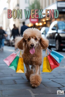 Caniche brun avec sacs shopping colorés sur une rue pavée. Texte «Bon Week-end» en haut. Arrière-plan flou avec passants et voitures.