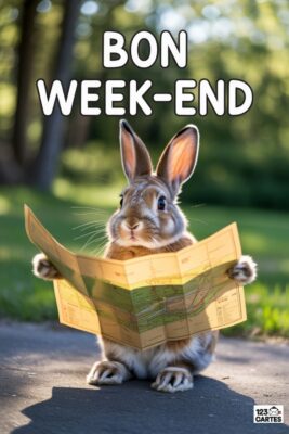 Lapin brun tenant une carte routière, sur fond de verdure. Texte «Bon Week-end» en blanc. Soleil et ombre sur le bitume.
