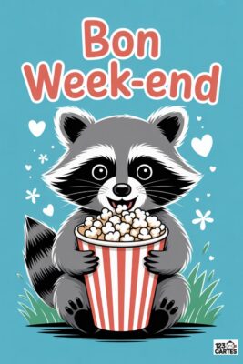 Un raton laveur souriant tient un grand seau de pop-corn rayé rouge et blanc. Texte «Bon Week-end» en rouge sur fond bleu clair, coeurs et fleurs.