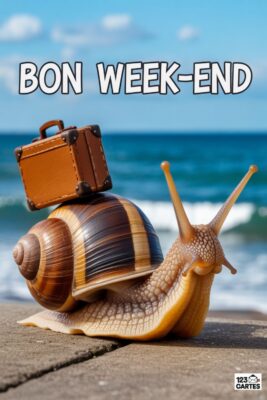Escargot avec coquille rayée et valise sur le dos, devant la mer. Texte «Bon Week-end» en blanc. Fond bleu et plage grise.
