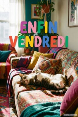 Un chat rayé détendu sur un canapé coloré. Le texte «Enfin Vendredi» en lettres vives. Décoration intérieure bohème avec coussins, plantes et lumière naturelle.