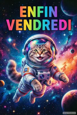 Chat astronaute souriant dans l’espace, texte «Enfin Vendredi» arc-en-ciel. Fond galaxie multicolore avec planètes et étoiles. Costume spatial NASA.