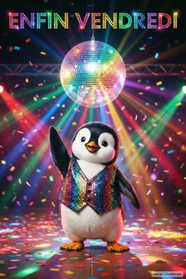 Un manchot festif en gilet pailleté lève la main dans une discothèque. Boule à facettes, lumières multicolores et confettis. Texte «Enfin Vendredi».