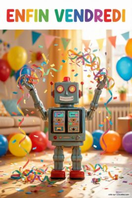 Robot bleu joyeux entouré de confettis et ballons colorés. Texte «Enfin Vendredi» en haut. Décor festif avec guirlandes et lumière chaleureuse.