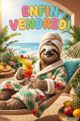 Paresseux en peignoir fleuri et serviette, sirotant un cocktail, dans un hamac, avec «Enfin Vendredi» en lettres colorées, plage en arrière-plan.