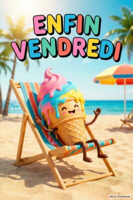 «Enfin Vendredi» sur fond de plage. Glace souriante en transat, ciel bleu, palmiers. Crème glacée multicolore, parasol, sable doré. Détente et vacances.