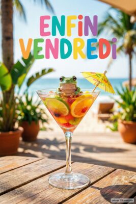 Un cocktail de fruits avec une grenouille, parasol jaune, sur table en bois. Texte «Enfin Vendredi» multicolore, plage en arrière-plan, palmiers et ciel bleu.