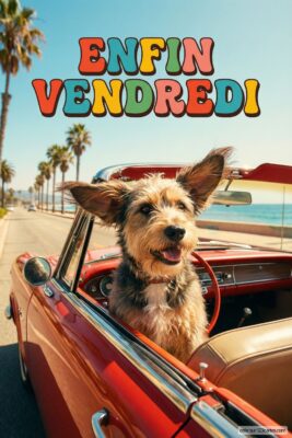 Chien souriant dans une voiture rouge décapotable, lettrage «Enfin Vendredi». Fond de route côtière, palmiers, ciel bleu et mer.