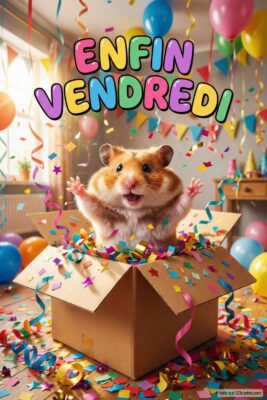 Hamster joyeux sortant d’une boîte en carton, entouré de confettis et de ballons colorés. Texte «Enfin Vendredi» au-dessus. Festif et joyeux.
