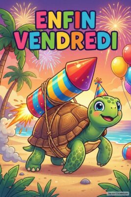 Tortue verte souriante sur plage, portant fusée multicolore. Texte «Enfin Vendredi» sur fond coucher de soleil, palmiers, feux d’artifice et ballons.
