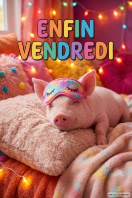 Cochon rose endormi avec masque de sommeil, sur coussin moelleux. Texte «Enfin Vendredi» multicolore. Décoration festive avec guirlande lumineuse.