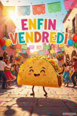 Taco souriant au centre, entouré de personnes festives. Guirlandes colorées et ballons. Texte «Enfin Vendredi» en couleurs vives. Fête mexicaine ensoleillée.
