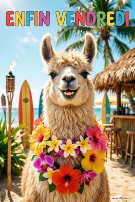Lama souriant avec guirlande florale, devant plage tropicale. «Enfin Vendredi» en haut. Surfboards, bar en chaume, palmier et ciel bleu en arrière-plan.