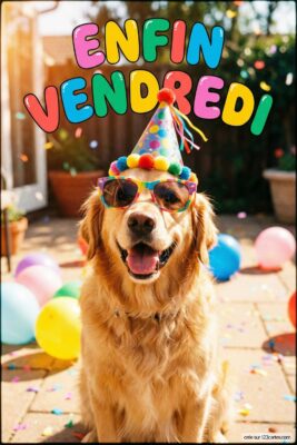 Golden retriever avec chapeau de fête et lunettes de soleil, devant des ballons colorés. Texte «Enfin Vendredi» multicolore au-dessus. Festif et joyeux.
