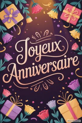 Cadeaux, fleurs et confettis sur fond violet foncé. Présents colorés, roses, jaunes et violets, entourés de feuillage vert.