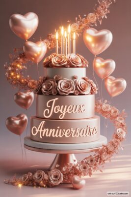 Gâteau d'anniversaire à trois étages, rose gold, décoré de roses et bougies allumées, entouré de ballons cœur. Fond rose poudré.