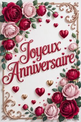 Roses rouges et roses, coeurs et ornements dorés sur fond blanc.  Décor floral festif avec coeurs rouges et dorés. Joyeux anniversaire femme, style romantique et élégant.